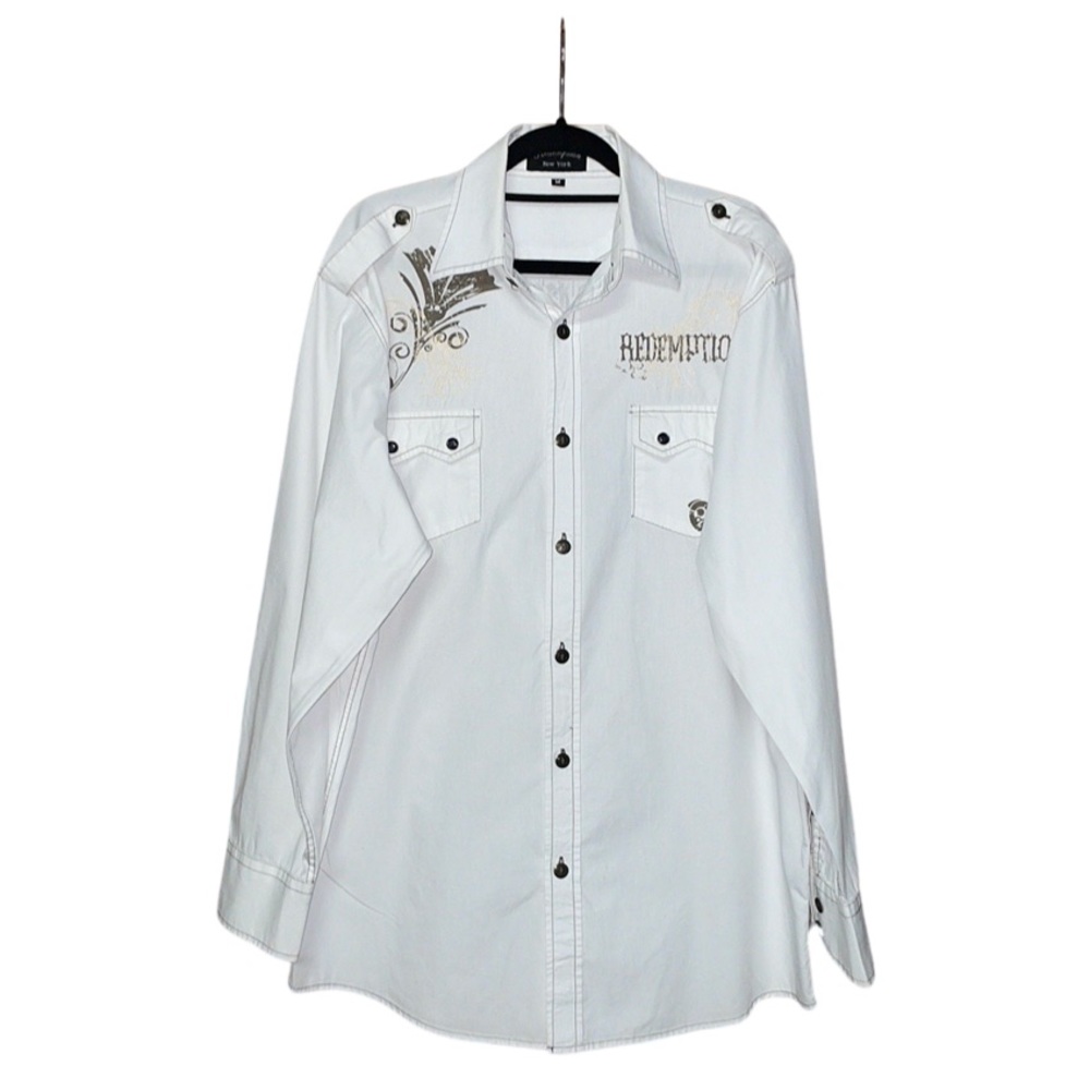 Redemption New York Graphic Mens Button Down - White - Size M
